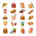 Fast Food Dishes with Drinks and Desserts Collection, Objects for Cafe or Restaurant Menu Vector Illustration