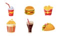 Fast Food Dishes Set, French Fries, Hamburger, Soda Drink, Taco, Popcorn, Coffee Vector Illustration Royalty Free Stock Photo