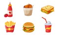 Fast Food Dishes Set, Ketchup Bottle, Drumstick, Sandwich, French Fries, Hamburger, Soda Drink Vector Illustration