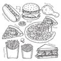 Fast food doodle elements hand drawn style. Vector Illustrations Royalty Free Stock Photo