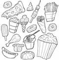 Fast Food Doodle. Icons Hand Drawn. Vector Clip Art. Sketch Famous Food. Restaurant Menu Royalty Free Stock Photo