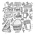 Fast food doodle style icons set. Hand drawn line art vector illustration clipart. Royalty Free Stock Photo