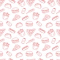 Fast food doodle vector seamless pattern. Fastfood elements on white background. Hand drawn outline repeat illustration with hot Royalty Free Stock Photo