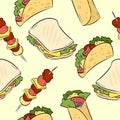 Fast food doodles cute seamless pattern. Vector print