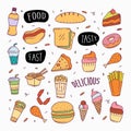 Fast food doodles hand drawn line art style object elements vector Royalty Free Stock Photo