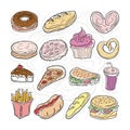 Fast food doodles with hand drawn vector symbols and objects Royalty Free Stock Photo