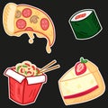 Fast food elements set, cartoon pizza, wok, sushi, cheese cake, cute tasty food stickers for delivery