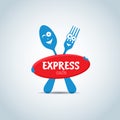 Fast food, express cafe logo template. Fork and spoon cartoon characters, food theme logotype vector template.
