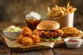 Fast Food Feast on Wooden Table Royalty Free Stock Photo