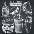 Street food festival menu. Vintage sketch collection. Fast food set on chalkboard. Vector ice cream, burger, milkshake, chicken fi