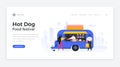 Fast food festival landing page template. Male character makes hot dogs to customers in blue van on wheels. Royalty Free Stock Photo
