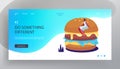 Fast Food Festival Website Landing Page, Woman Sitting on Huge Burger, Diet, Unhealthy Nutrition, Fastfood Outdoor Street Party