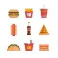 Fast food icon set. Flat design. Vector Illustration.