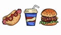 Fast Food Flat Icons, doughnut cake, burger and sparkling water flat design. Illustration. Isolate on white background. Royalty Free Stock Photo