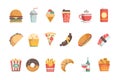 Fast food flat icons. Sandwich burger cold drinks ice cream pizza hamburger vector food menu symbols