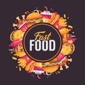 Fast food flat illustration. Delicious food arranged in circle