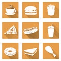 Fast food flat orange icons with shadow set