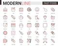 Fast food flat thin red black line icons vector illustration set, junk food collection of linear burger sandwich pizza Royalty Free Stock Photo