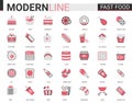 Fast food flat thin red black line icons vector illustration set, junk food collection of linear burger sandwich pizza Royalty Free Stock Photo