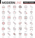 Fast food flat thin red black line icons vector illustration set, junk food collection of linear burger sandwich pizza Royalty Free Stock Photo