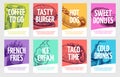Fast food flyers. Coffee, burger and hotdog, pies and fries, ice cream and cola, sandwich. Restaurant posters vector set Royalty Free Stock Photo
