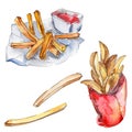 Fast food french fries tasty food. Watercolor background illustration set. solated potato illustration element.