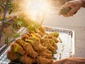 Fast food fried chicken and pandan for rancid smell oil. Royalty Free Stock Photo