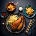 Fast food fried crispy and spicy chicken legs, wings and french fries potatoes with salt Royalty Free Stock Photo