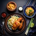 Fast food fried crispy and spicy chicken legs, wings and french fries potatoes with salt Royalty Free Stock Photo