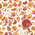 Fast food funny cartoon characters, vector illustration. Seamless pattern with junk food icons, isolated on white