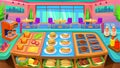 Fast food game background. Cartoon style restaurant kitchen with ingredients