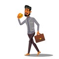 Fast Food, Going Businessman Eating Hamburger Vector. Isolated Cartoon Illustration