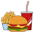 Fast Food Hamburger Drink And French Fries Cartoon Drawing Simple Design.