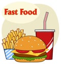 Fast Food Hamburger Drink And French Fries Cartoon Drawing Simple Design