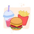 Fast food. Hamburger, drink, french fries. Vector color illustration. Combo fast food
