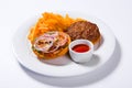 Fast food hamburger and french fries on a white plate Royalty Free Stock Photo