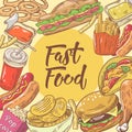 Fast Food Hand Drawn Design with Burger, Fries and Pop Corn. Unhealthy Eating Royalty Free Stock Photo