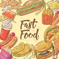 Fast Food Hand Drawn Design with Burger, Hot Dog and Drink. Unhealthy Eating Royalty Free Stock Photo