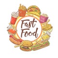 Fast Food Hand Drawn Design with Sandwich, Fries and Soda. Unhealthy Eating Royalty Free Stock Photo