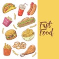 Fast Food Hand Drawn Doodle with Burger, Fries and Pop Corn. Unhealthy Eating Royalty Free Stock Photo