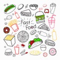 Fast Food Hand Drawn Elements Set with Burgers, Pizza and Fries. Unhealthy Eating Royalty Free Stock Photo