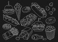 Fast food hand drawn set hot dog hamburger vector Royalty Free Stock Photo