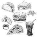 Fast food hand drawn vector illustration. Hamburger, cheeseburger, sandwich, pizza, chicken, taco and cola, engraved style, sketch Royalty Free Stock Photo