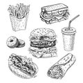 Fast food hand drawn vector illustration. Hamburger, french fries, sandwich, hot dog, doughnuts, burrito and cola engraved style.