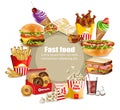 Fast food happy meals set Vector. Realistic detailed collection banner with hotdog, burger, sanwich, french fries, donuts, ice cre Royalty Free Stock Photo