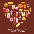 Fast food in heart shape vector illustration. Cartoon i love unhealthy burger sandwich, hamburger, ice cream and french