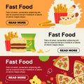 Fast food horizontal banner for luncheonette menu design. Unhealthy street food flyer, hamburger pizza sausage dough
