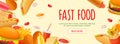 Fast food horizontal web banner. Taco, hot dog, hamburger, cola, sandwich, french fries, ketchup, mustard and other snacks. Vector