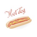 Fast food. Hot dog, sausage in a fresh bun with sauce and mustard. Hand sketch of street food