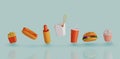 Fast food icon set. Fries potatoes, hot dog, French hot dog, ramen noodle soup, cola, burger and popcorn. 3d render